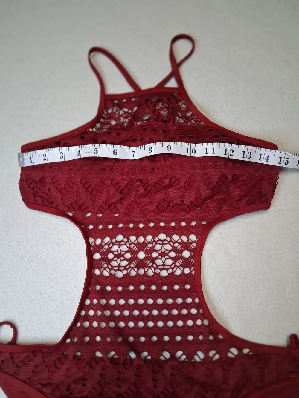 4/20$ ➡️   Crochet Cutout One-Piece Swimsuit - Wine Burgundy Crochet Monokini - Picture 11 of 11